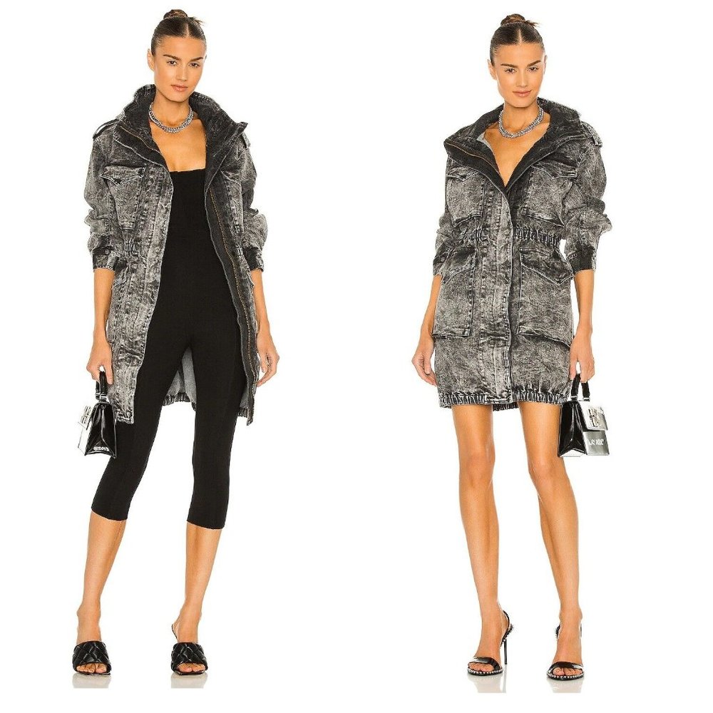 $395 Norma Kamali Cargo Utility Jacket Dress Hooded Zip Denim Black Acid Wash 12 - Picture 1 of 8